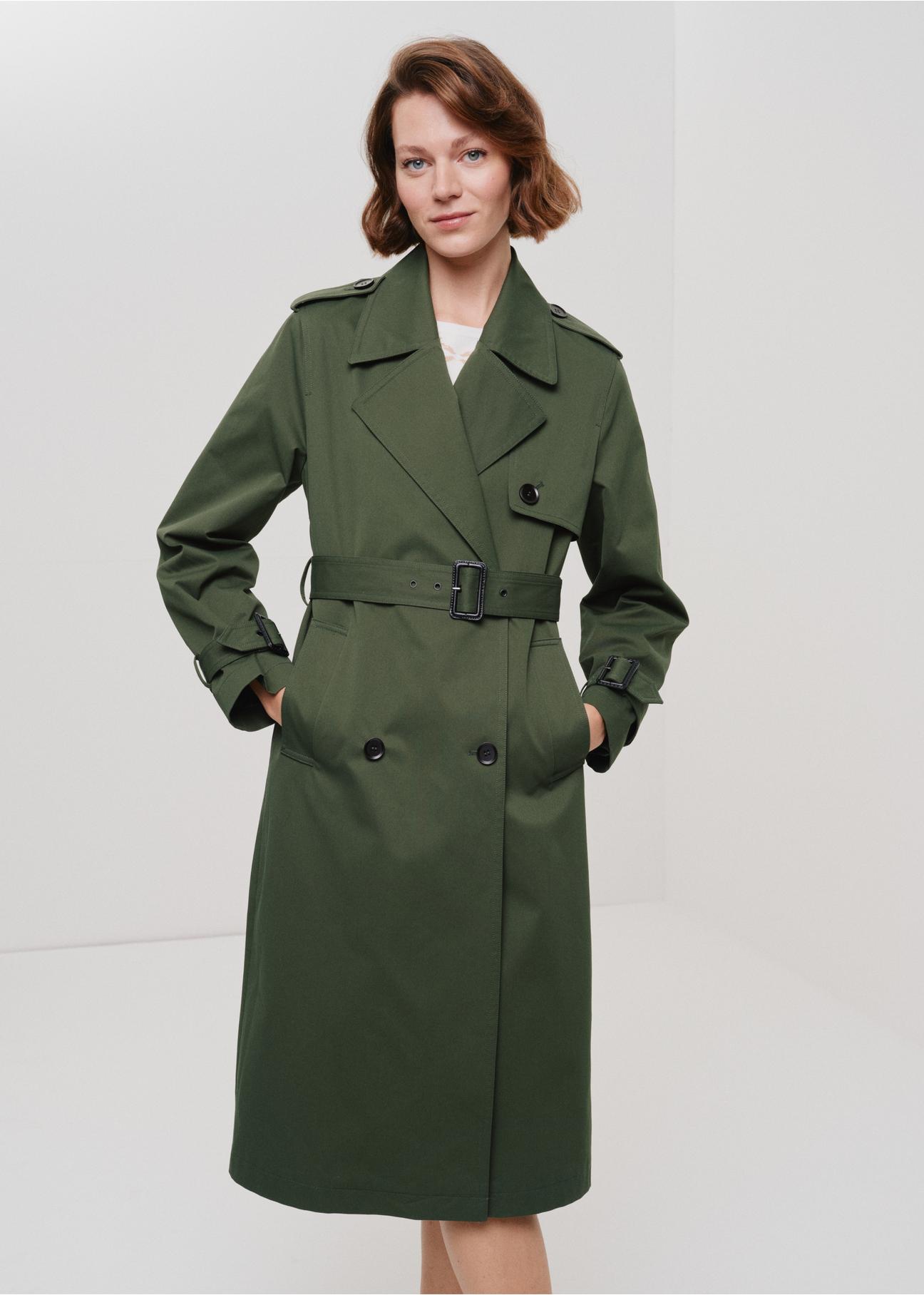 Women's green coat with belt KURDT-0512-54(W24)-03