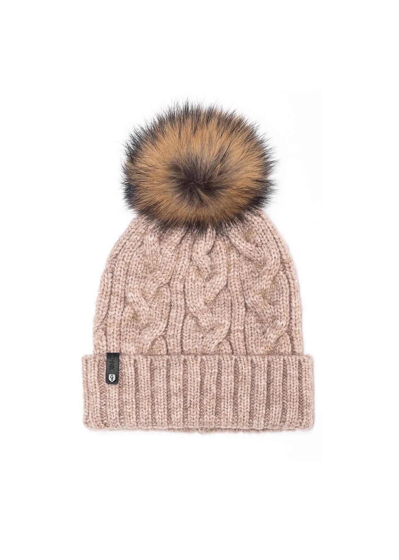 Beige women's cap with pompom CZADT-0044-81(Z23)-02