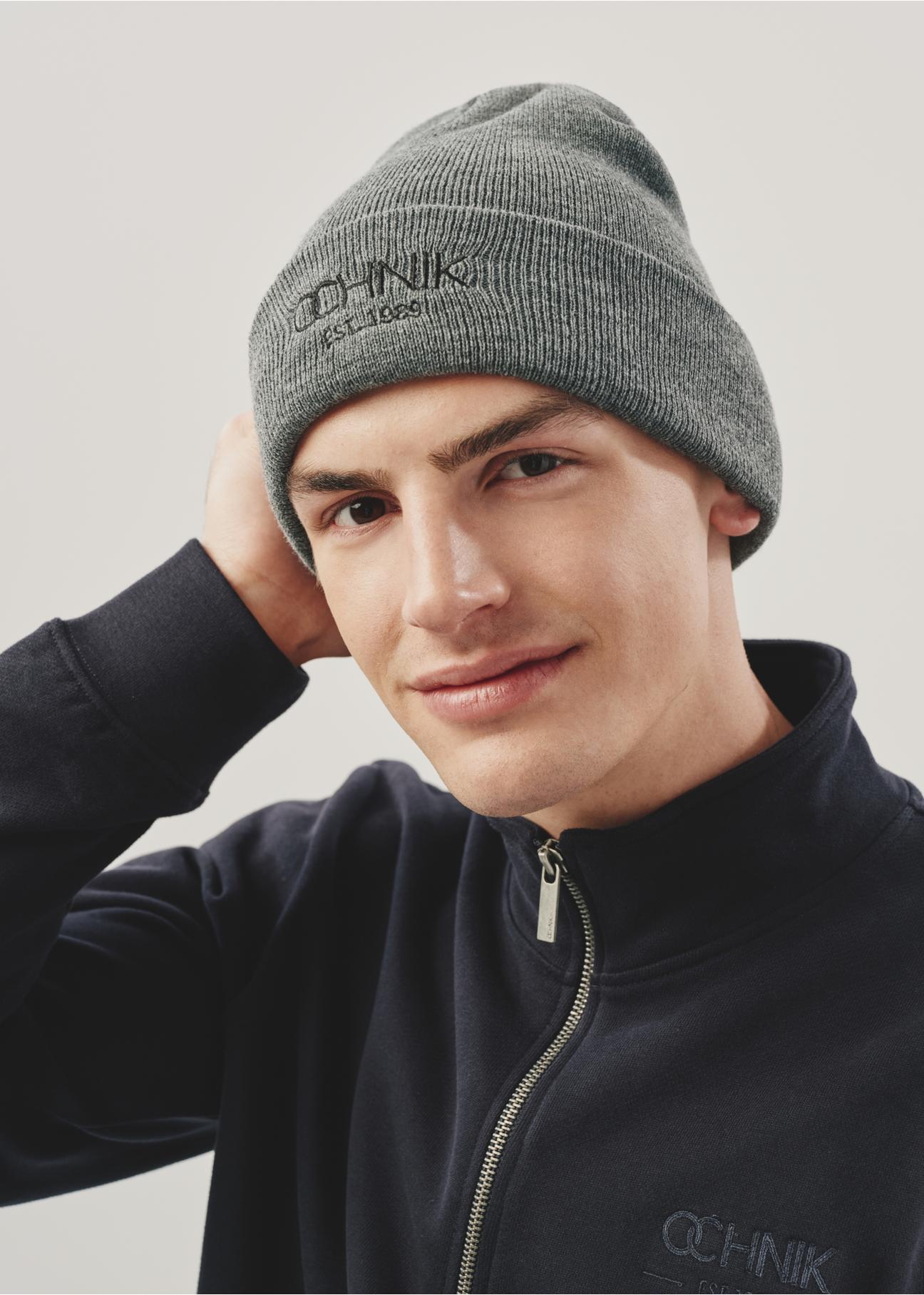 Grey men's winter cap with logo OCHNIK CZAMT-0064A-91(Z23)-01