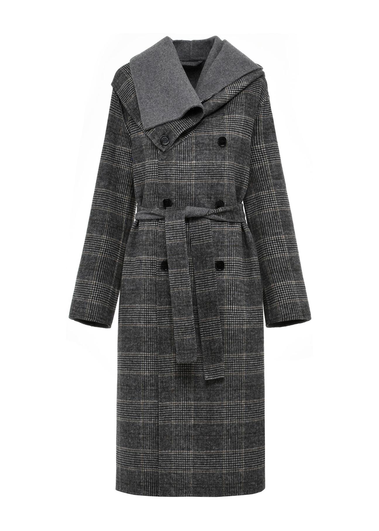 Woolen gray women's coat in a check pattern PLADT-0056-91(Z24)-05