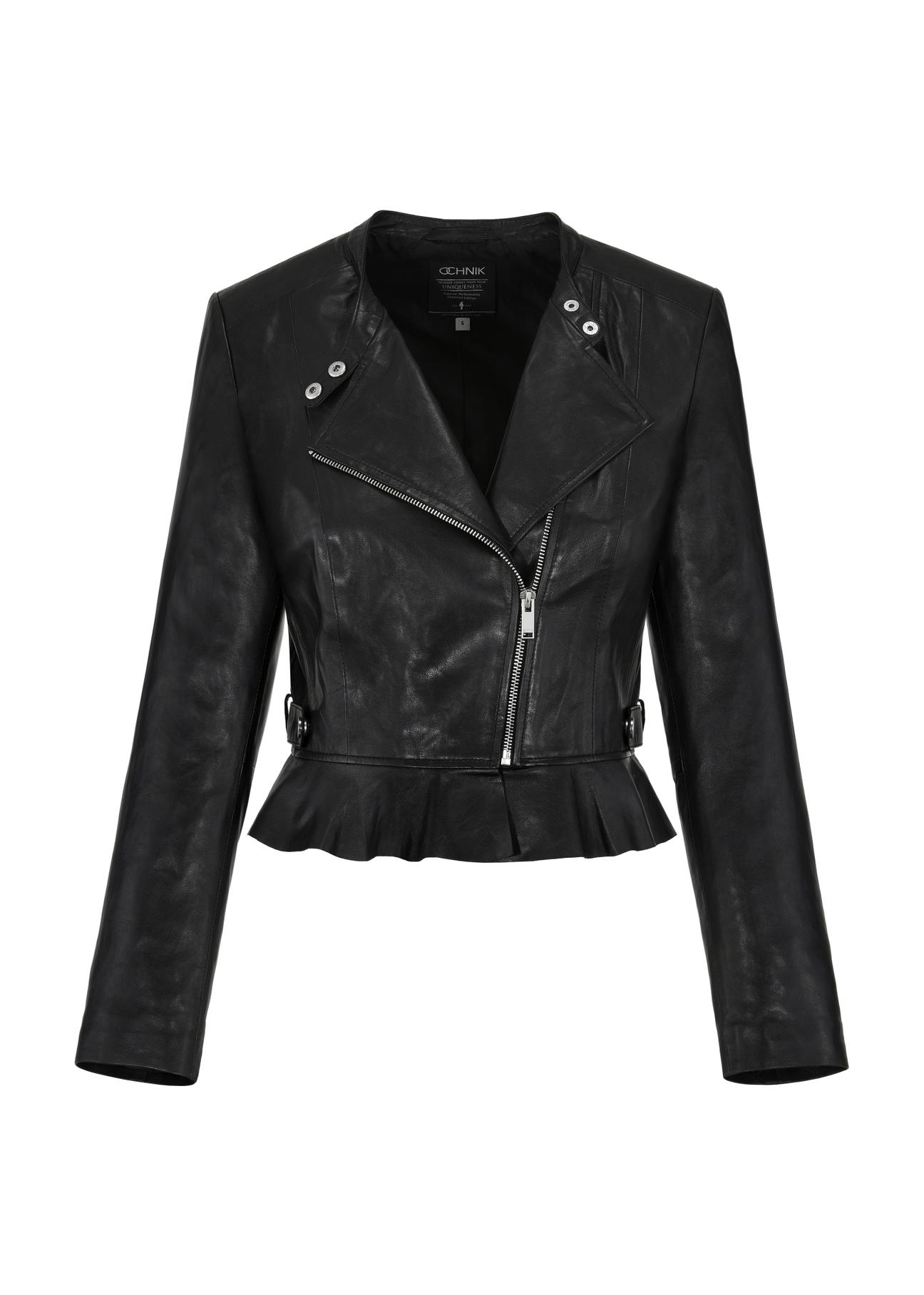 Women's short black leather jacket KURDS-0476-1311(W24)-03