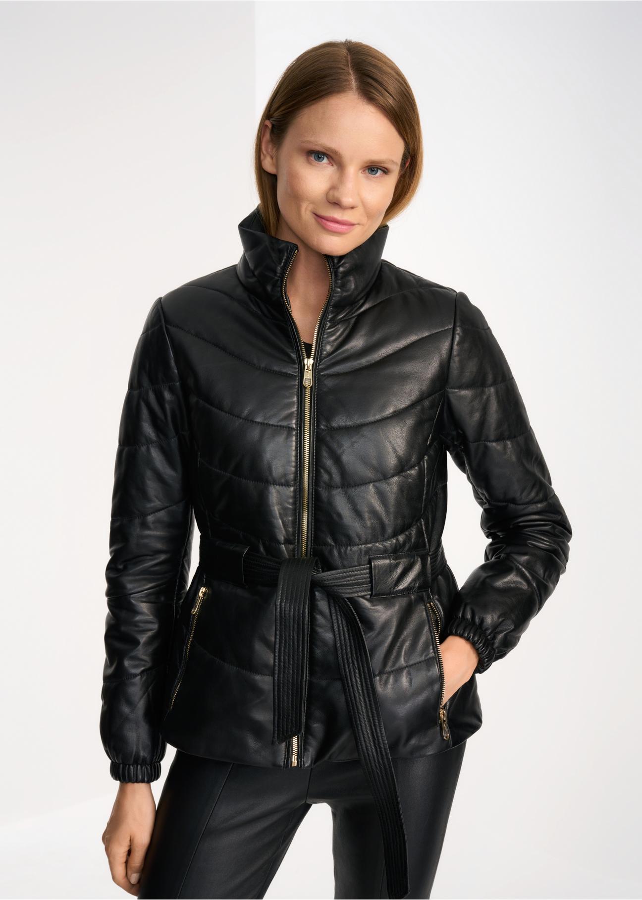 Women's quilted leather jacket with belt KURDS-0387-5506(Z22)-01