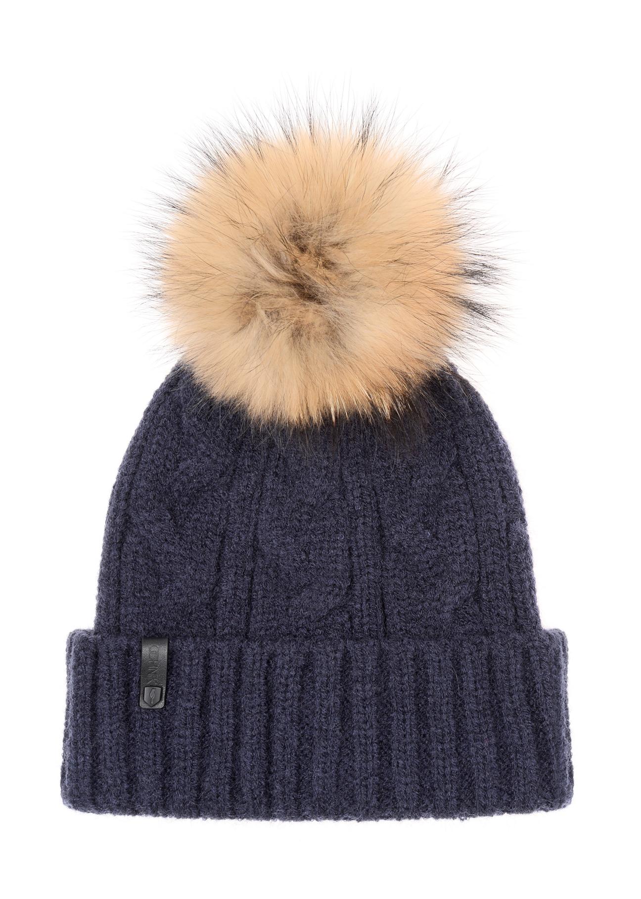 Women's navy blue cap with pompom CZADT-0044-68(Z23)-02