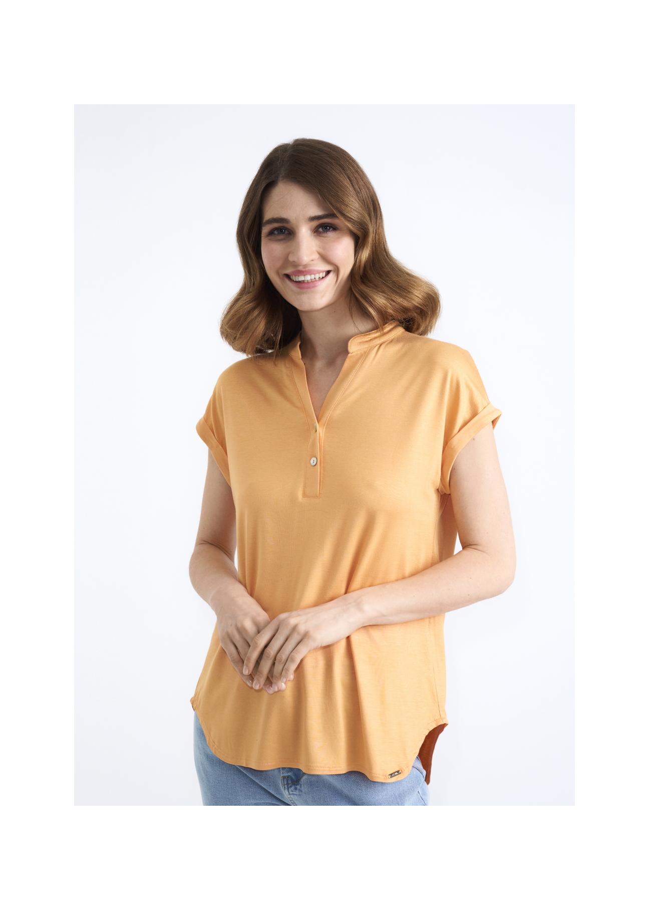 Orange women's V neck blouse BLUDT-0148-30(W22)-01