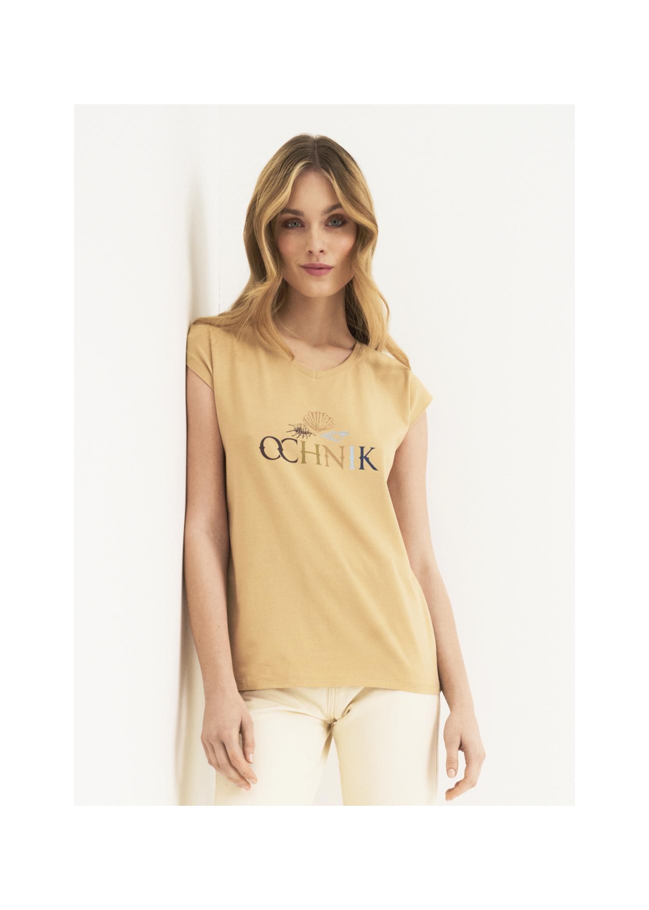 Beige Women's V-neck T-shirt TSHDT-0083-80(W22)-01