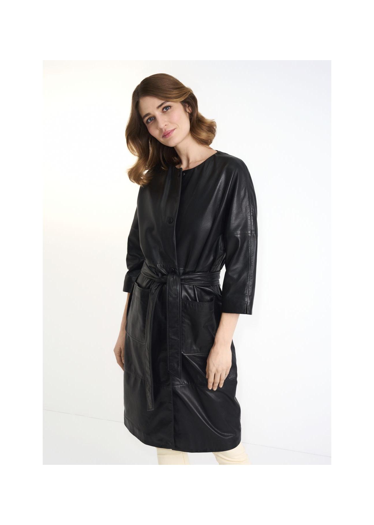 Black leather women's coat with belt KURDS-0358-5411(Z23)-01