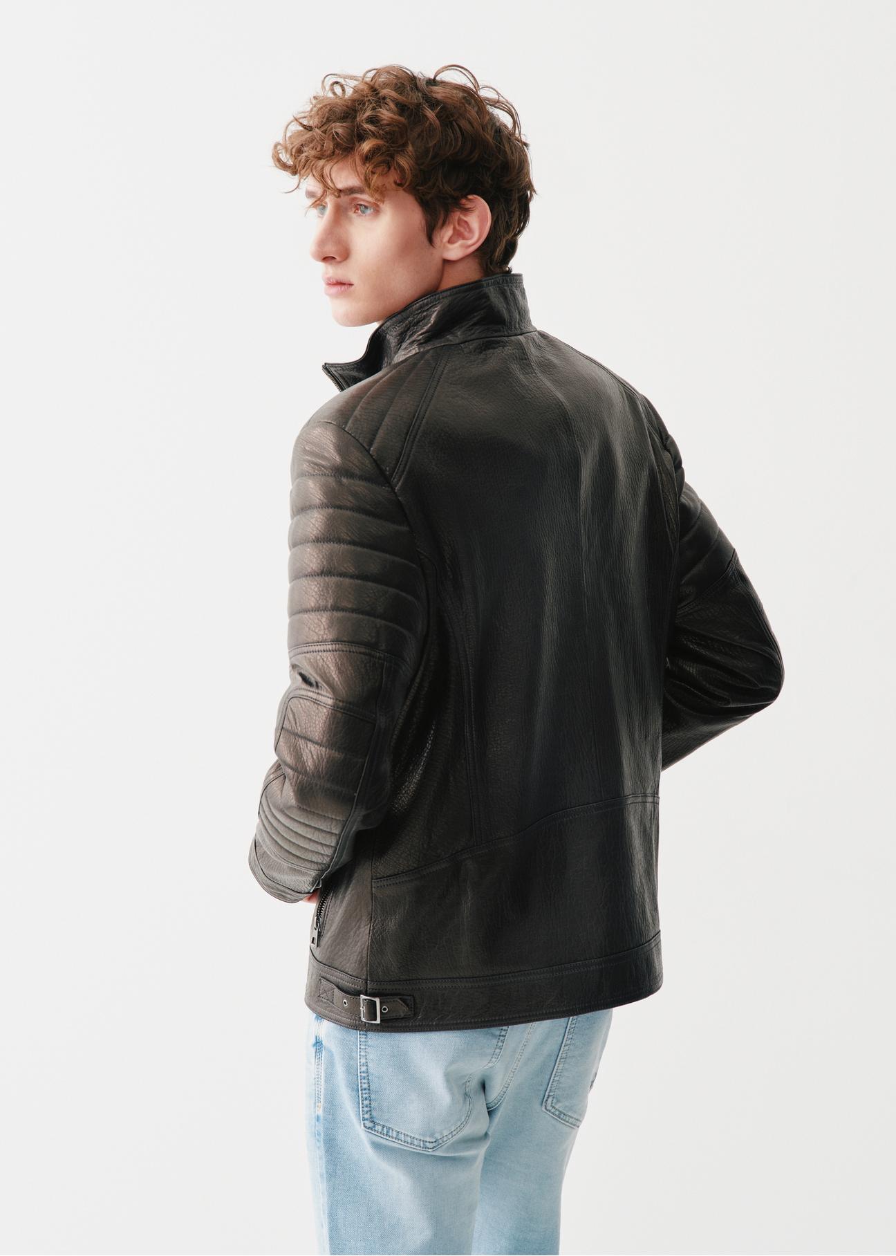 Men's black leather jacket with stand-up collar KURMS-0325-1342(Z23)-02