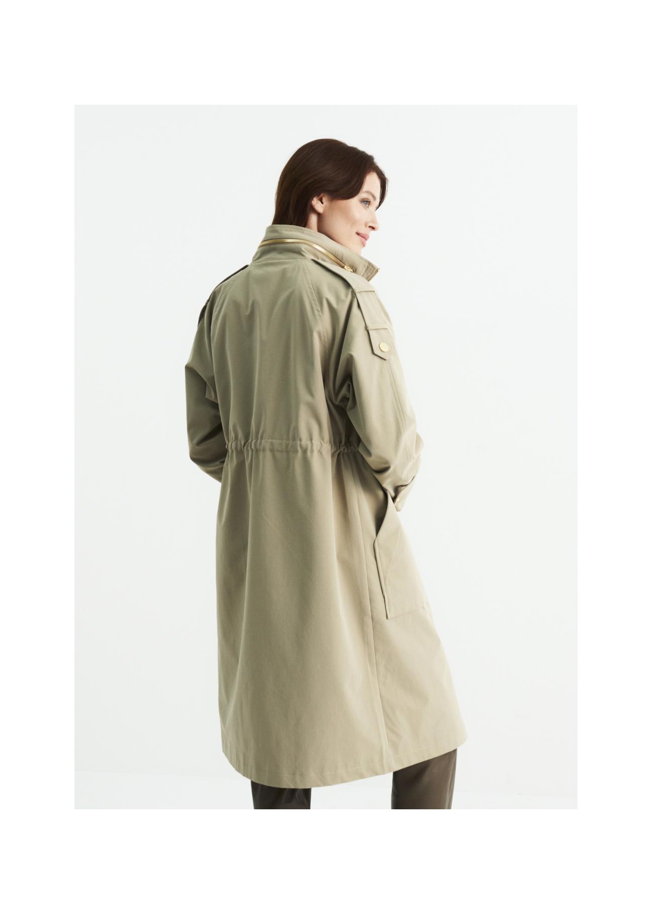 Women's olive colored coat with a button closure KURDT-0353-57(W22)-04