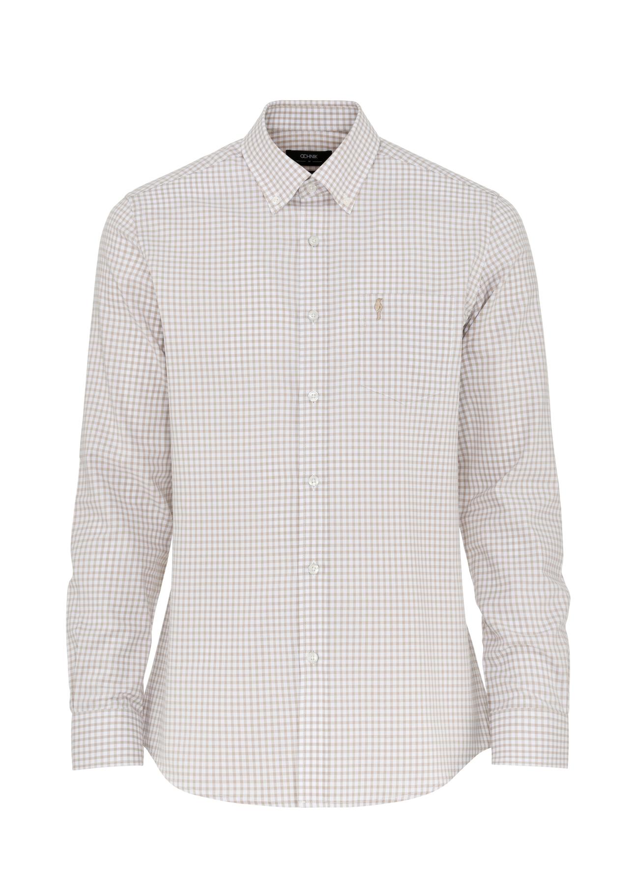 Beige men's fine checked shirt KOSMT-0277-81(W24)-03