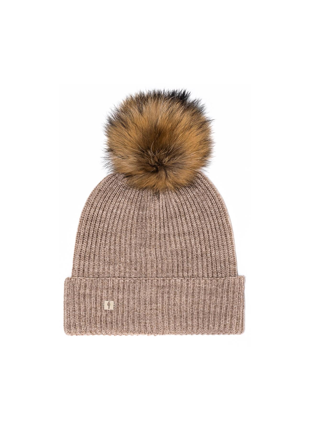 Beige women's cap with pompom CZADT-0052-81(Z24)-02