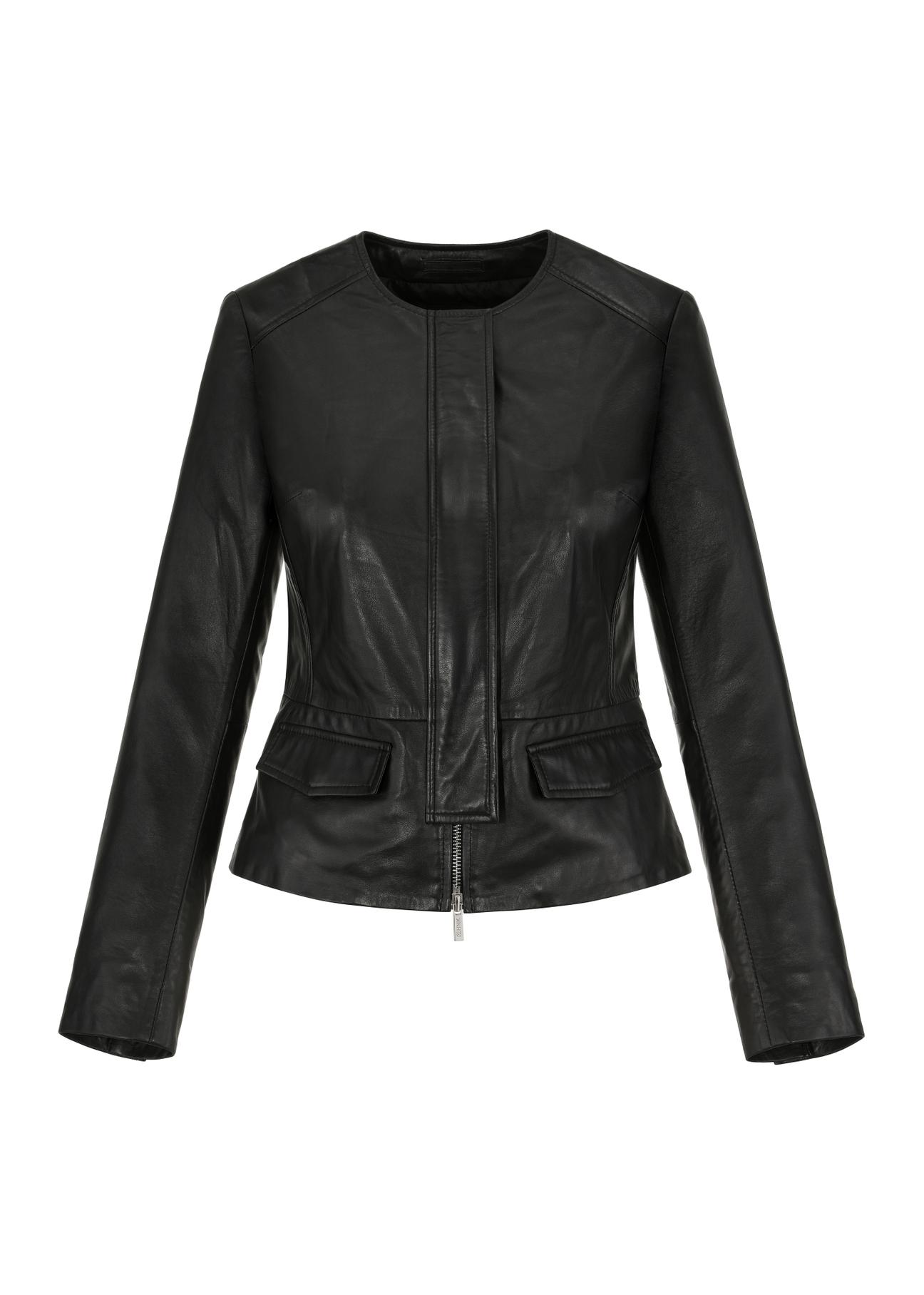 Black leather waisted jacket for women KURDS-0483-5491(W24)-04