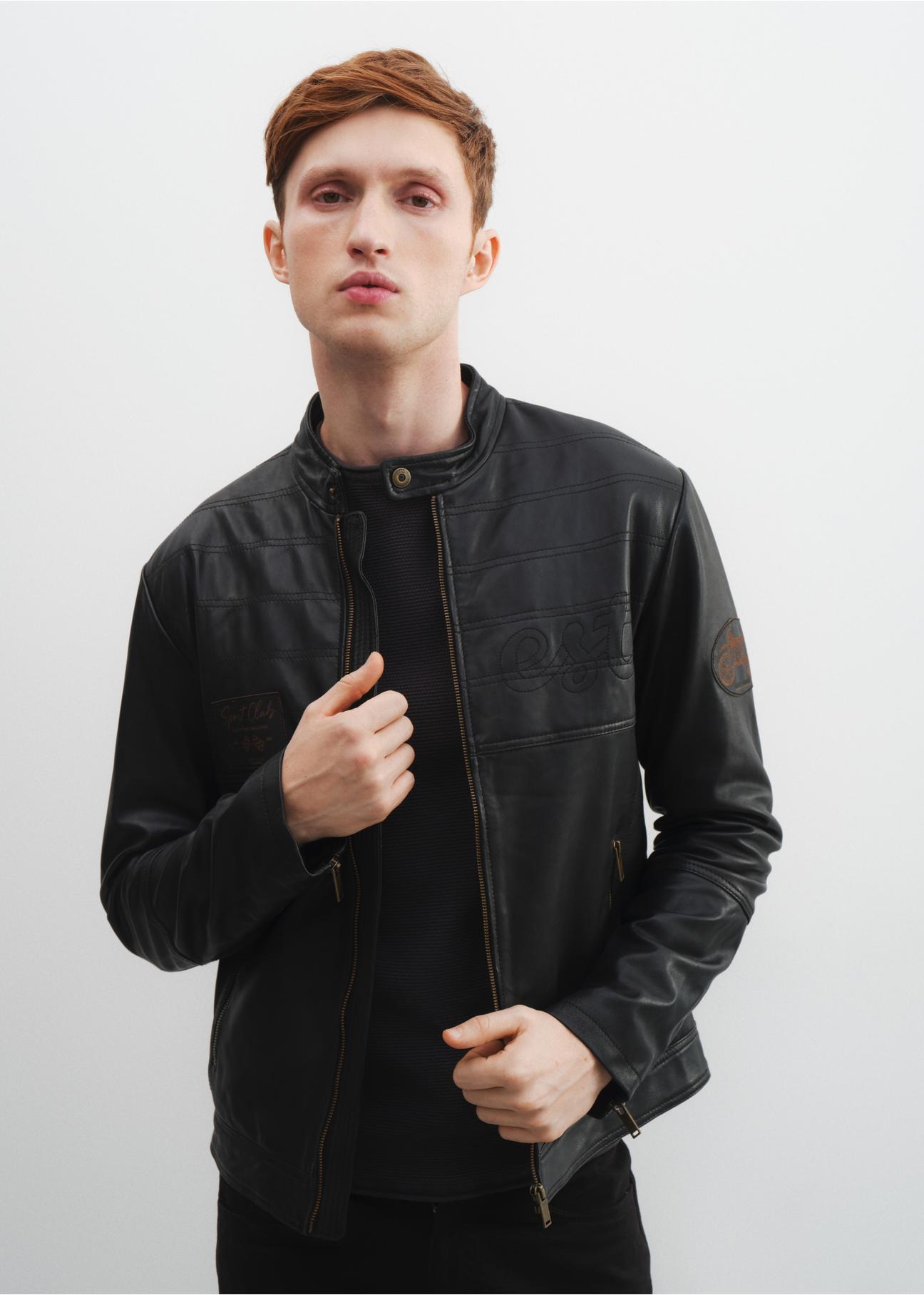 Men's leather jacket with stand-up collar KURMS-0296-1284(W23)-02