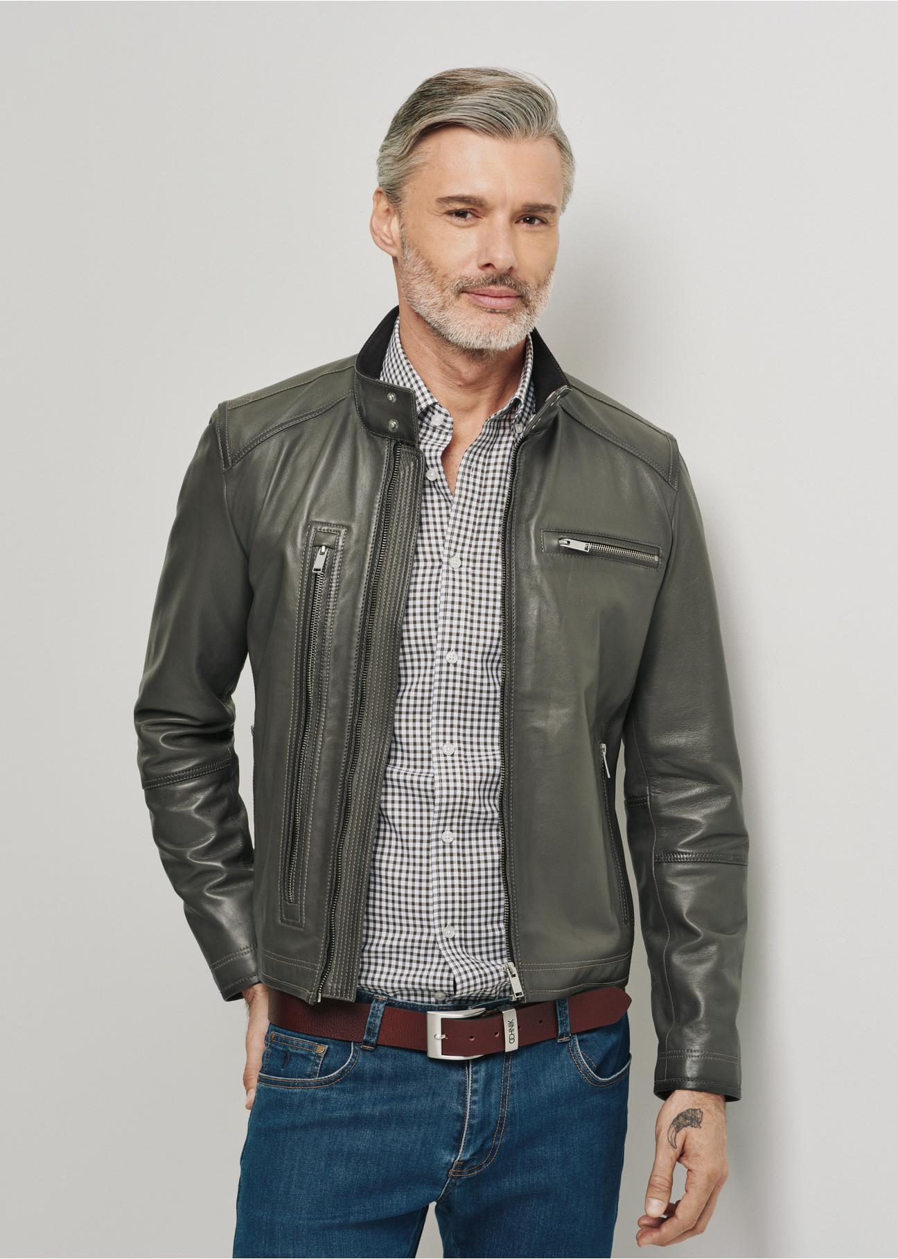 Men's grey leather jacket KURMS-0307-1361(W24)-01