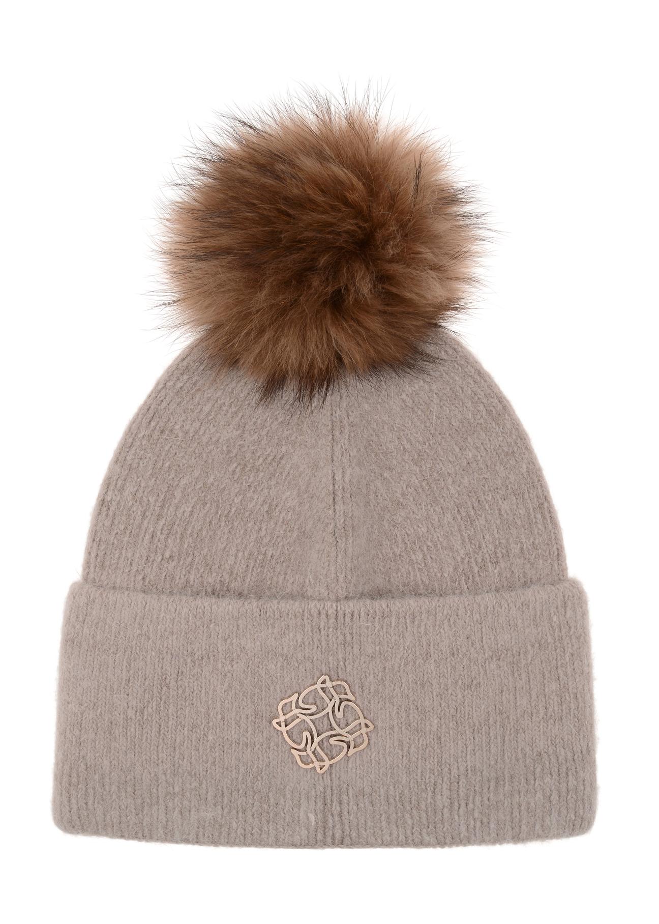 Beige women's cap with pompom CZADT-0153-83(Z23)-02