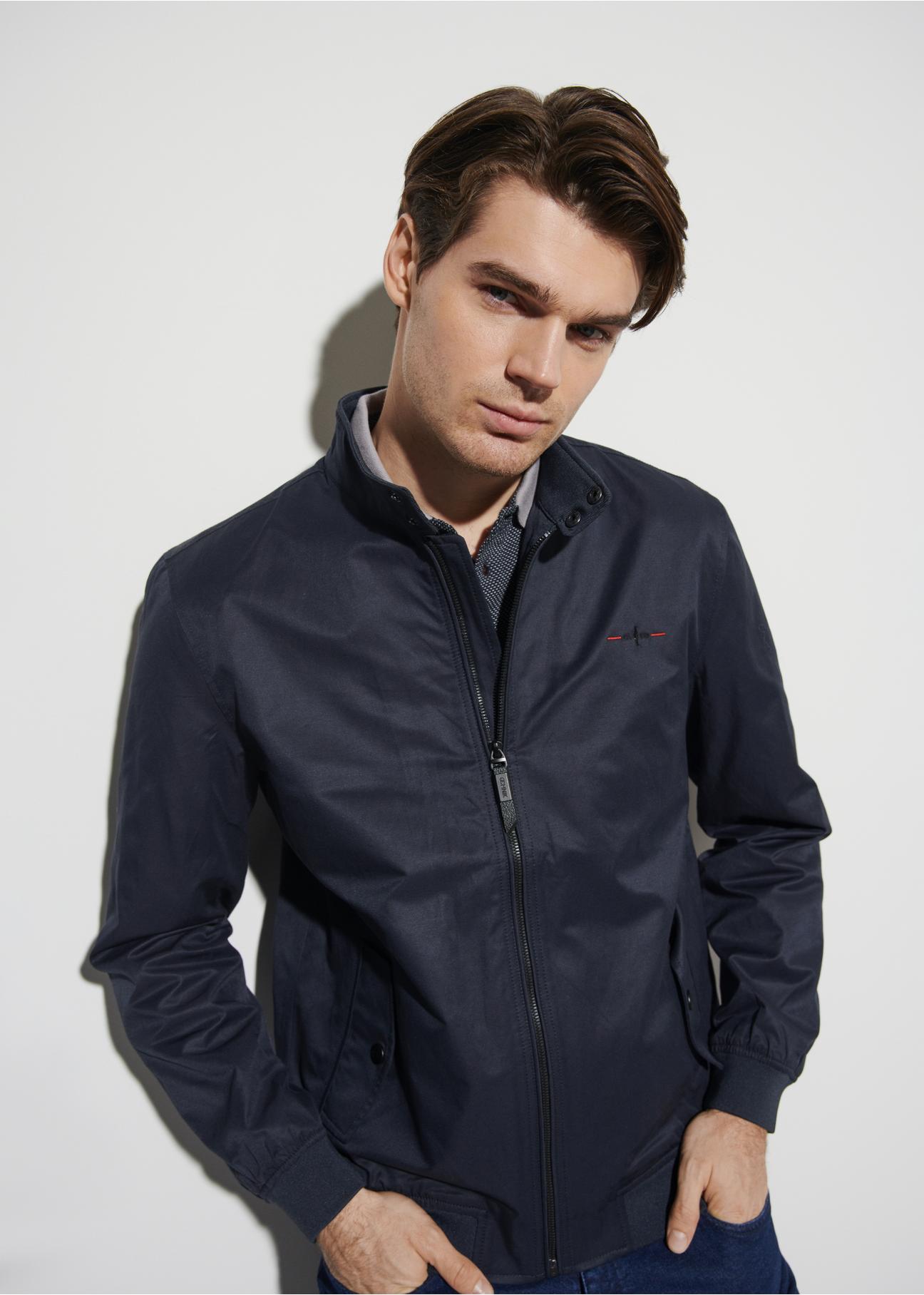 Navy blue men's jacket with stand-up collar KURMT-0230-69(W24)-01