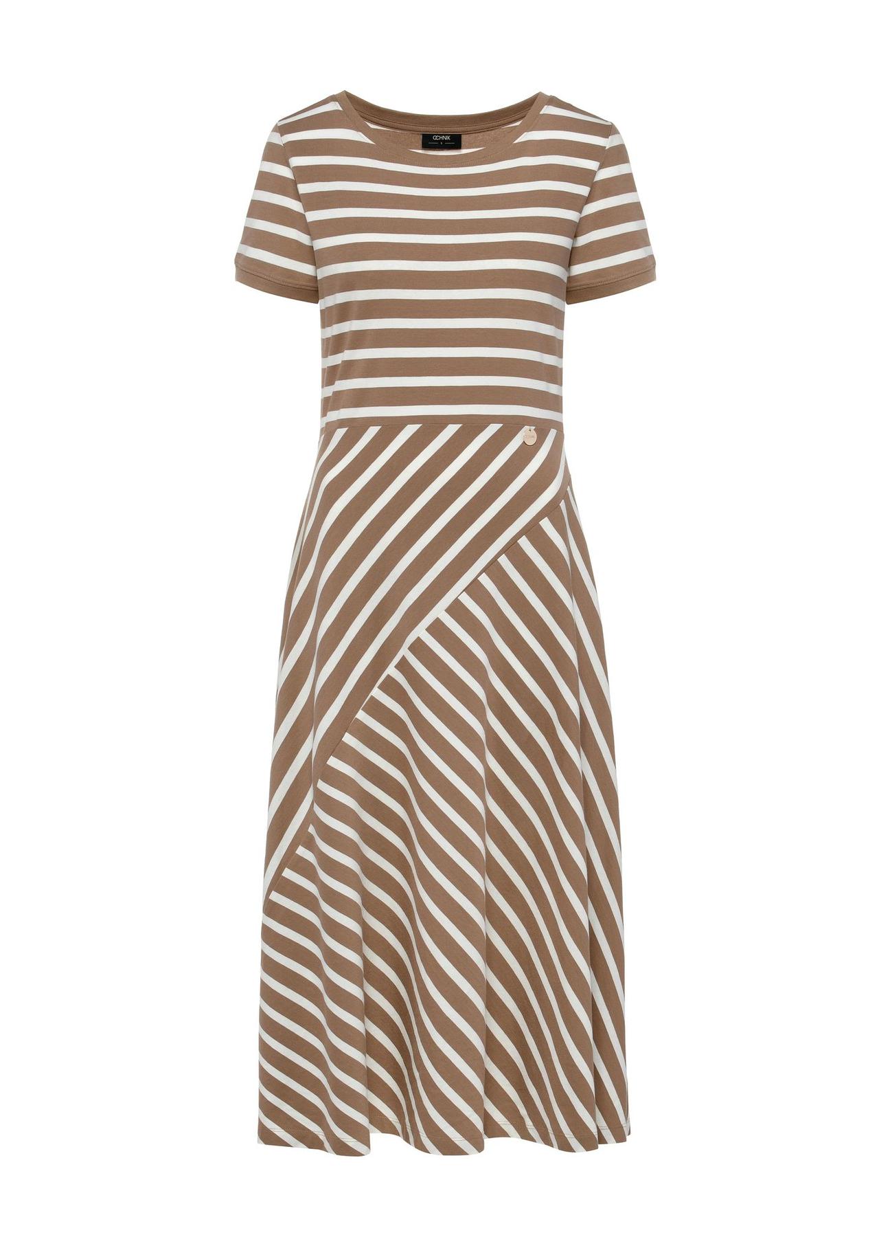 Midi dress in white and beige stripes SUKDT-0182-82(W25)-01