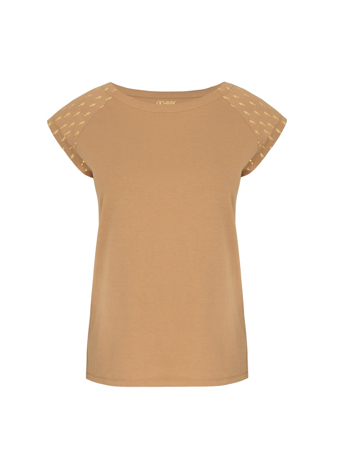 Beige T-shirt with gold print for women TSHDT-0060-81(W21)-02