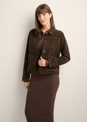 Women's brown suede jacket KURDS-0614-1I(Z26), front view of the product on the model. Half of the silhouette visible.