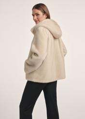 Beige women's fur coat with zipper FUTDP-0057-80(Z25), product view from the back on the model, half of the silhouette visible.
