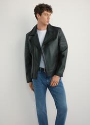Men's black leather biker jacket KURMS-0391-99(W26), front product view on model. Half silhouette visible.