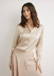 Beige women's silk shirt KOSDT-0188-1B(W26), front view of the product on the model. Half of the silhouette visible.