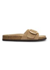 Women's leather flip-flops in cool beige color BUTYD-1157-1K(W26), side view of the product on a white background.