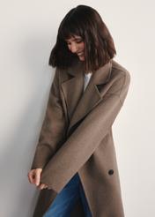Women's dark beige coat with scarf PLADT-0063-82(Z25) - front view of the product on a model against a white background. Half of the silhouette visible.