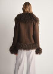 Brown woolen women's fur coat FUTDF-0113-3182(Z25) - product view from the back on the model on a white background. Half of the silhouette visible.