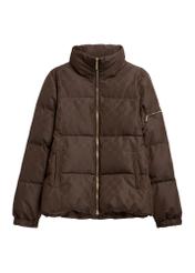 Dark brown women's jacket with a monogram pattern and a stand-up collar KURDT-0694-1I(Z26)