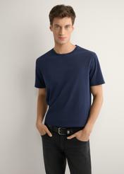 Men's navy cotton T-shirt TSHMT-0140-7E(W26), front view of the product on the model. Half of the silhouette visible.