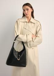 Black women's handbag with croco motif TOREC-1170-9G(W26), front view of the product on the model's shoulder.