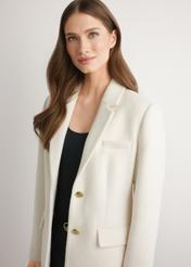 Women's white wool coat PLADT-0072-0B(W26) - front view of the product, on a model against a light background. Half of the silhouette visible.