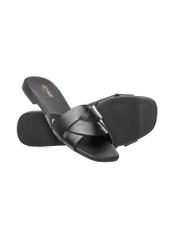 Women's leather flip-flops in black BUTYD-1159-99(W25), diagonal product view on a white background.