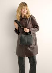 Black women's imitation leather handbag TOREC-1261-9I(Z26), product view in model's hand. Half of silhouette visible.