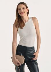 Small beige leather women's handbag TORES-0466D-81(Z25), product view on a model, half of the silhouette visible.