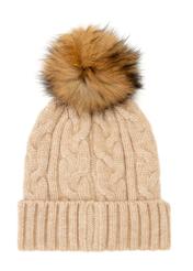 Beige women's hat with fur pompom CZADT-0044A-81(Z25), product view from the back on a white background.