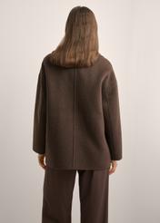 Women's long brown wool coat PLADT-0070-1K(Z26) - back view of the product, on a model, against a light background. Half of the silhouette visible.