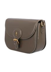 Small khaki women's messenger bag with decorative clasp TOREC-1243-8D(Z26), diagonal product view on white background.