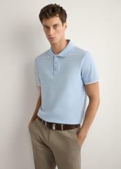 Light blue cotton polo shirt POLMT-0045B-7A(W26), front view of the product on the model. Half of the silhouette visible.