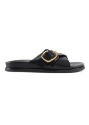 Women's leather flip-flops in black BUTYD-1268-99(W26), side view of the product on a white background.