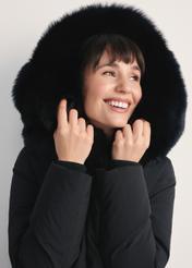 Black women's jacket with natural fox fur KURDT-0594-99(Z25) - close-up of the front detail on the model against a white background.