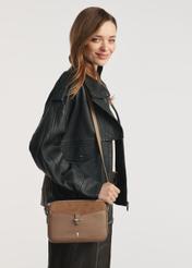 Beige small women's handbag TOREC-0830B-81(Z25), front product view on the model's shoulder. Half of the silhouette visible.