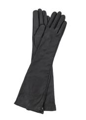Long black leather women's gloves REKDS-0088-99(Z26), front product view on white background.