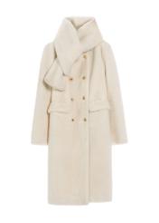 Women's long cream fur coat with scarf FUTDP-0069-12(Z25), front product view on white background.