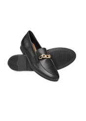 Women's black leather moccasins with chain BUTYD-0914A-99(W26), diagonal product view on white background.