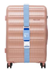 Luggage belt in blue color AW-011-0002-7B(W26), product view from the front on a suitcase on a white background.