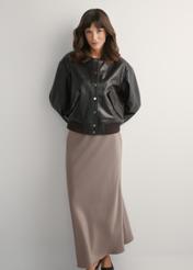 Women's brown leather jacket KURDS-0609-1I(W26), front view of the product on the model. Full body visible.