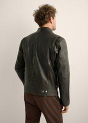 Men's vintage-style leather jacket KURMS-0421-9J(Z26). Rear view of the product on a model. Half of the silhouette is visible. 