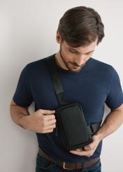 Black small men's bag TORMN-0390-99(W26), product view on the model's silhouette, on a light background.