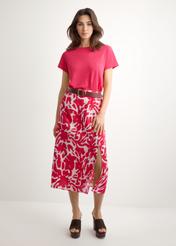 Pink viscose midi skirt SPCDT-0129-5P(W26), front product view on model. Full body visible.